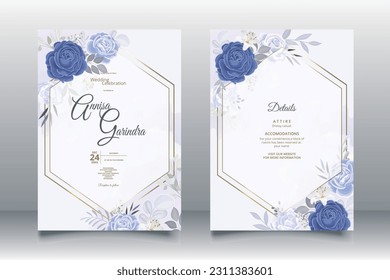 Romantic Wedding invitation card template set with blue floral leaves Premium Vector