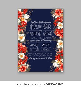 Romantic wedding invitation card template with red and wight flowers of peony, poinsettia daisy and anemone on navy blue background