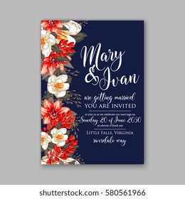 Romantic wedding invitation card template with red and wight flowers of peony, poinsettia daisy and anemone on navy blue background