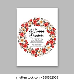 Romantic wedding invitation card template with red and wight flowers of peony, poinsettia daisy and anemone 