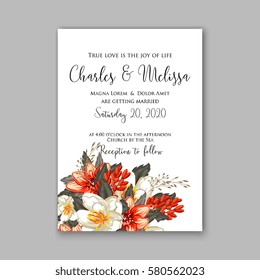 Romantic wedding invitation card template with red and wight flowers of peony, poinsettia daisy and anemone 