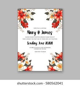 Romantic wedding invitation card template with red and wight flowers of peony, poinsettia daisy and anemone 