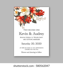 Romantic wedding invitation card template with red and wight flowers of peony, poinsettia daisy and anemone 
