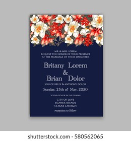 Romantic wedding invitation card template with red and wight flowers of peony, poinsettia daisy and anemone on navy blue background