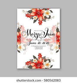 Romantic wedding invitation card template with red and wight flowers of peony, poinsettia daisy and anemone 