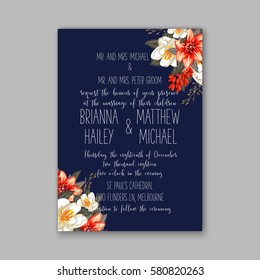 Romantic wedding invitation card template with red and wight flowers of peony, poinsettia daisy and anemone on navy blue background