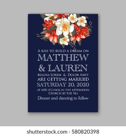 Romantic wedding invitation card template with red and wight flowers of peony, poinsettia daisy and anemone on navy blue background