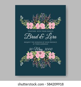 Romantic wedding invitation card template with red and wight flowers of peony, daisy and anemone on navy blue background