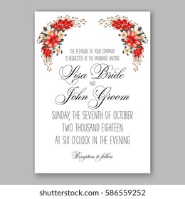 Romantic wedding invitation card template with red and wight flowers of peony, poinsettia daisy and anemone