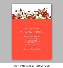 Romantic wedding invitation card template with red and wight flowers of peony, poinsettia daisy and anemone