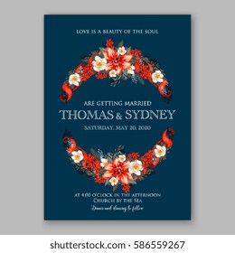 Romantic wedding invitation card template with red and wight flowers of peony, poinsettia daisy and anemone