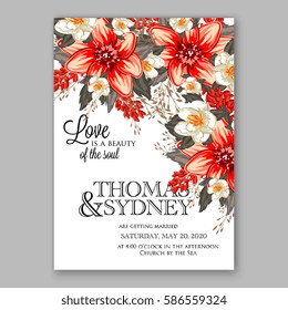 Romantic wedding invitation card template with red and wight flowers of peony, poinsettia daisy and anemone