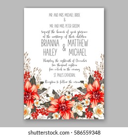 Romantic wedding invitation card template with red and wight flowers of peony, poinsettia daisy and anemone