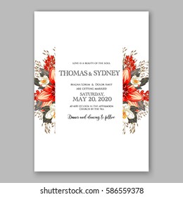 Romantic wedding invitation card template with red and wight flowers of peony, poinsettia daisy and anemone