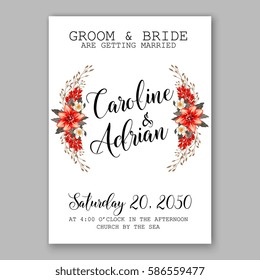 Romantic wedding invitation card template with red and wight flowers of peony, poinsettia daisy and anemone