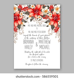 Romantic wedding invitation card template with red and wight flowers of peony, poinsettia daisy and anemone