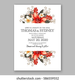 Romantic wedding invitation card template with red and wight flowers of peony, poinsettia daisy and anemone