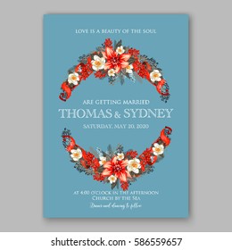 Romantic wedding invitation card template with red and wight flowers of peony, poinsettia daisy and anemone