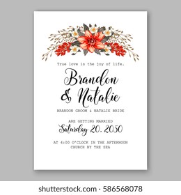 Romantic wedding invitation card template with red and wight flowers of peony, poinsettia daisy and anemone