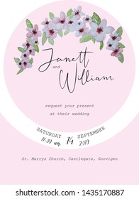 Romantic wedding invitation with cherry blossoms in pink tones.