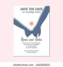 Romantic Wedding invitation with couple holding hand illustration