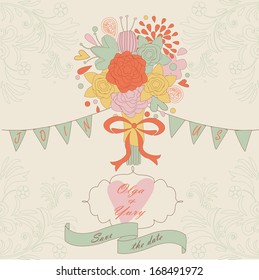 Romantic wedding invitation with cute bouquet, flags, bow, ribbon and heart in cartoon style.