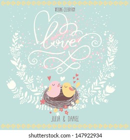 Romantic wedding invitation design with birds in nest, flowers. Beautiful love postcard in blue color.