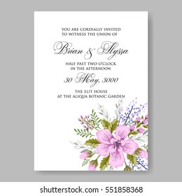  Romantic Wedding Invitation Floral Card Template  Wreath of flower watercolor pink Anemones