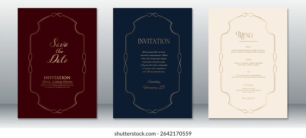 Romantic wedding invitation set featuring an ornate gold curved frame with infinity detail on rich burgundy, classic navy, and soft cream backgrounds.