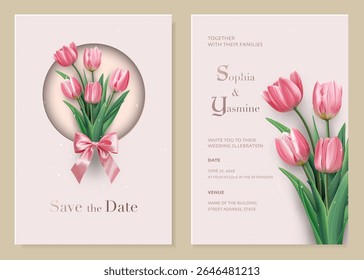 Convite de casamento romântico conjunto com um buquê de tulipas cor-de-rosa amarrado com uma fita de cetim. Tons pastel macios e layout elegante tornam perfeito para casamentos de verão e convites florais.