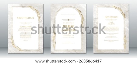 Romantic wedding invitation set featuring soft cream marble background with golden botanical frame. Perfect for classic, elegant, and minimalist wedding themes.