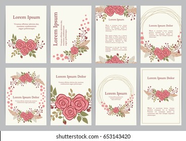 Romantic wedding invitation set with floral wreath. A4 vector templates