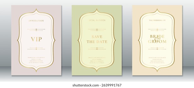 Romantic wedding invitation set with VIP, Save the Date, and Bride and Groom cards. Features gold decorative frames on soft pastel backgrounds-nude pink, sage green, and beige.