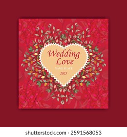 Romantic Wedding Invitation Template – Elegant Floral Heart Design with Red and Gold Aesthetic for Marriage Celebrations and Love Events