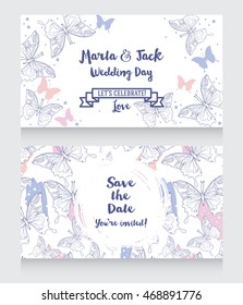 Romantic wedding invitations with butterflies, vector illustration