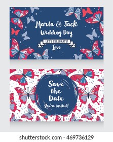 Romantic wedding invitations with butterflies, vector illustration