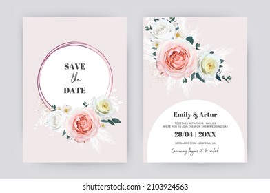Romantic wedding invite, save the date card design. Watercolor floral illustration. Vector editable pale pink, light yellow rose flowers, camellia, eucalyptus leaves, pampas grass chic bouquet, wreath
