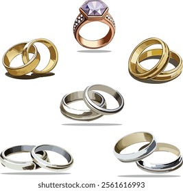 Romantic wedding ring set gold silver and diamond vector