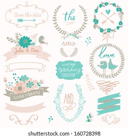 Romantic wedding set with labels, ribbons, hearts, flowers, arrows, wreaths, laurel and birds. Graphic set in retro style. Save the Date invitation in vector.