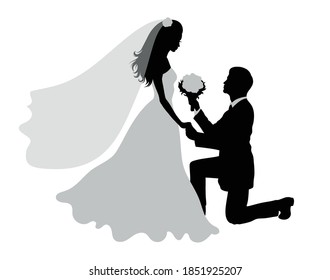 Silhouettes románticas de boda de una pareja en blanco.