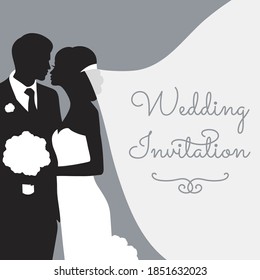 Romantic wedding silhouettes with text on grey.