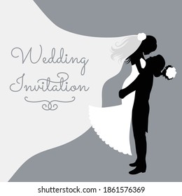 Romantic wedding silhouettes with text on grey.