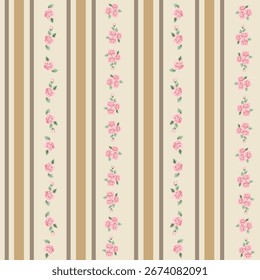 Romantic Wedding Stripe Pattern with Muted Beige and Pink Roses