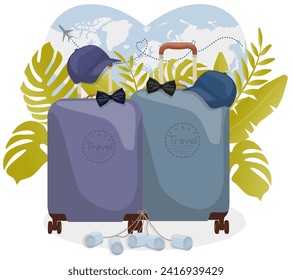 Romantic wedding trip for LGBT newlyweds. Happy LGBT newlywed couple, honeymoon. Vacation travel. vector illustration.