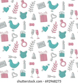 Romantic wedding valentine's day doodles seamless vector pattern
