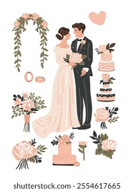 Romantic wedding vector collection, with couple holding hands, floral arch, elegant cake, and rings, creating an elegant celebration scene