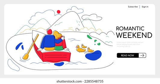 Romantic weekend - modern colorful flat design style illustration on white background. A young couple is riding a boat on the lake, looking at the mountain landscape, ducks swim in the water