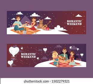 Romantic Weekend Picnic, Vector Illustration. Young Couple On A Romantic Date Under The Stars, With Wine And Presents. Best Friends On A Picnic Outdoors In The Mountains, Heart-shaped Sky Lanterns