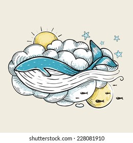 Romantic Whale Swimming in Clouds Retro Design. Hand Drawn textured vintage print. Vector Illustration EPS8.