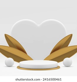 Romantic white 3d podium pedestal with heart wall and golden leaves realistic vector illustration. Elegant luxury cylinder platform empty showroom studio interior for product commercial advertising